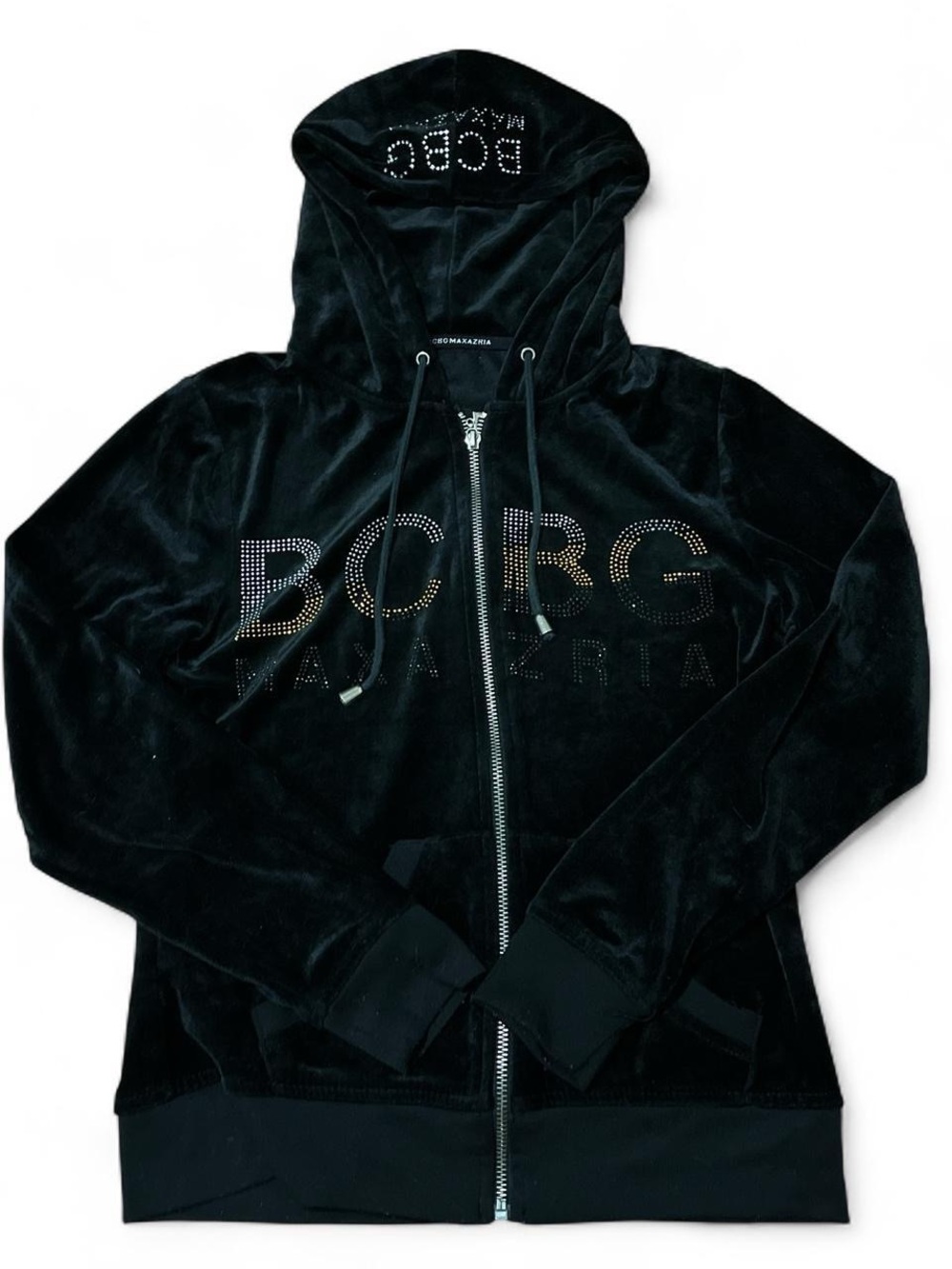 BCBGMaxAzria Black Velour Rhinestone Zip-Up Hoodie